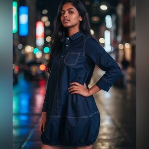 Uoozee Women’s Oversized Lagenlook Tunic Shirt Dress Sz Small Blue Pockets Artsy